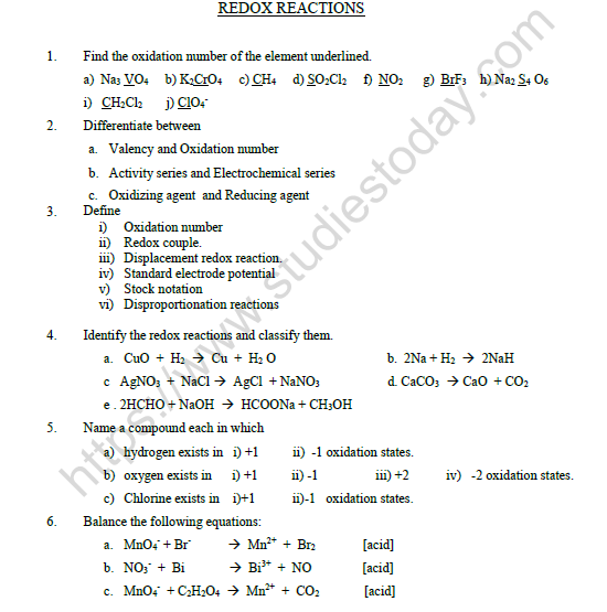 cbse-class-11-chemistry-redox-reactions-worksheet-set-a